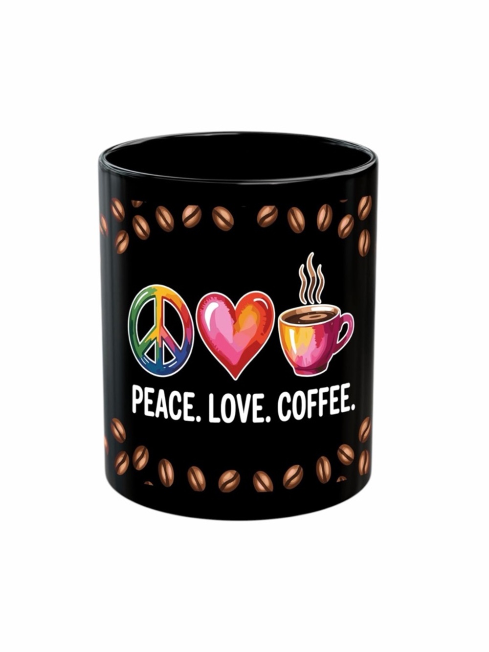 Peace. Love. Coffee. 11oz. Black Ceramic Coffee Mug NWT